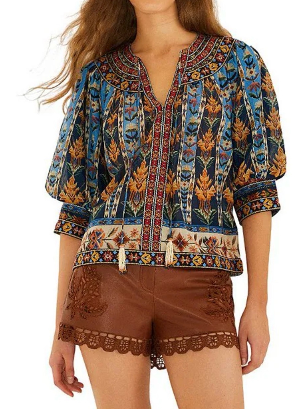 NWT FARM Rio Embroidered Tapestry Blue Floral Short Puff Sleeve Top, Tassels, XS